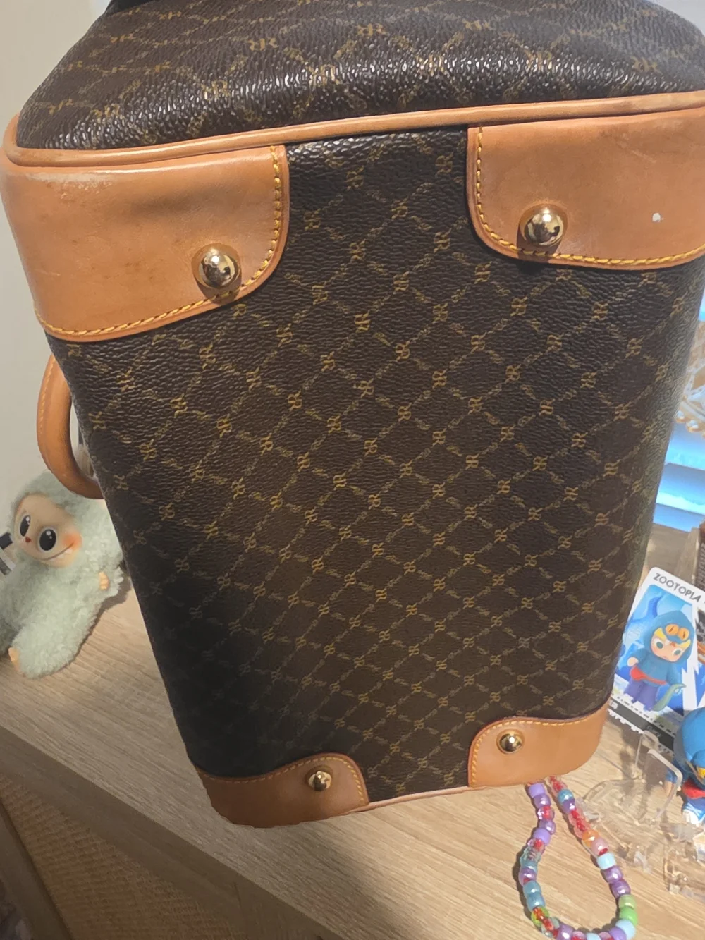 RIONI Brown Monogram Satchel Handbag with Tan Trim